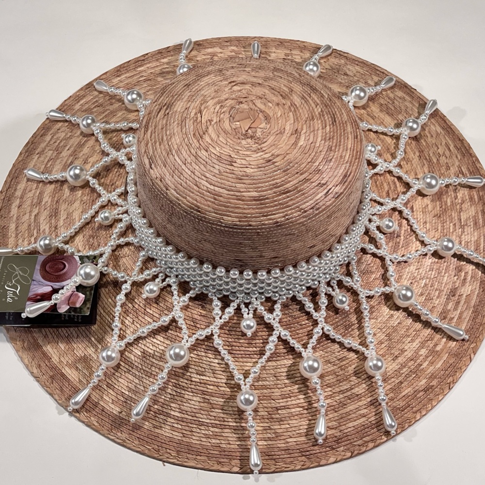 Kentucky Derby Elegant Palm Hat with Pearl Accents 5 1/2” wide brim NWT - Picture 7 of 7